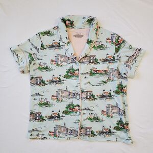 Sleep Sense Short Sleeve Button Up Collared PJ Top Seaside Village Print ~ Sz M